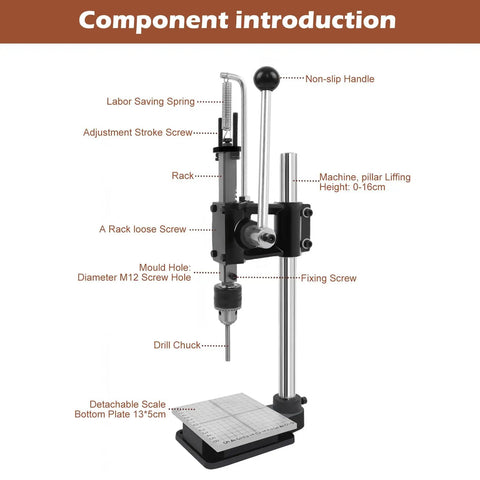 Diagram of a drill press stand showing labeled parts including handle, screws, drill chuck, and base.