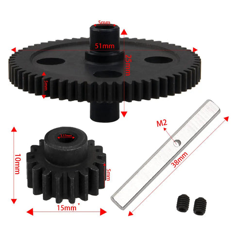 Beefy Metal Spur Diff Main Gear 62T And 17T Pinion Set, steel, 51mm, 15mm diameter, with shaft, for WLtoys 12428 12423 RC Crawler Car