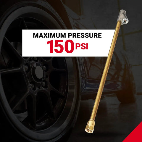 Straight Foot Dual Head Air Chuck With 12 Inch Extended Reach For Tire Pressure Gauges, 1 Quarter Inch FNPT, 150 PSI Rating