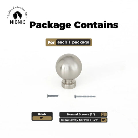 Package contains 1 Inch Brushed Nickel Cabinet Knobs Set for Cabinets Drawers Dressers and Wardrobes with screws.