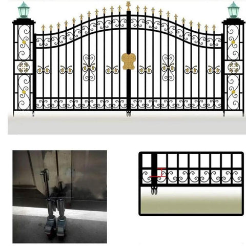 Heavy Duty 1.5 Inch Swivel Caster Gate Wheel Flat Free Polyurethane Roller With Retractable Spring Shock Absorber mounted on a decorative metal gate.