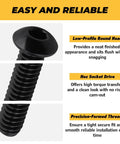 Premium Heavy Duty Size 10-24 Black Button Head Hex Socket Cap Screws 100 Pack Includes 1/8 Inch Allen Wrench Smooth Finish 304 Stainless Steel showing low-profile round head and helical threads.