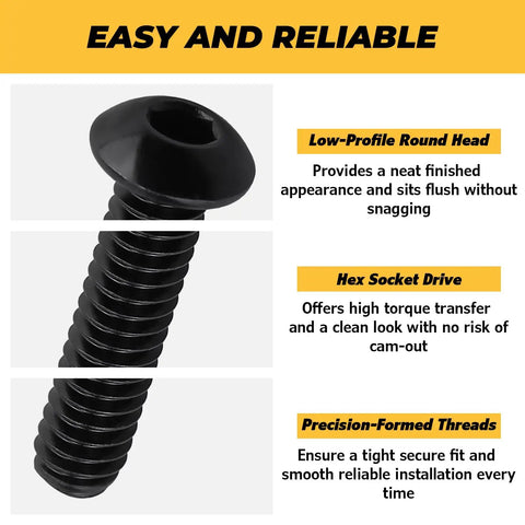 Premium Heavy Duty Size 10-24 Black Button Head Hex Socket Cap Screws 100 Pack Includes 1/8 Inch Allen Wrench Smooth Finish 304 Stainless Steel showing low-profile round head and helical threads.