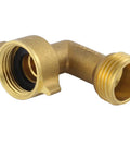 Garden Hose Elbow Connector 90 Degree Brass, Right Angle Hose Fitting, Three Quarter Inch Threads Male To Female, 2 Pack With Four Replacement Washers, Solid Brass Elbow For No Leaks And Easy Setup close-up of brass elbow fitting