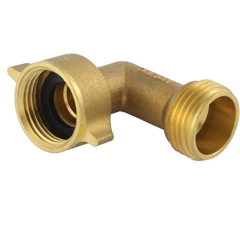 Garden Hose Elbow Connector 90 Degree Brass, Right Angle Hose Fitting, Three Quarter Inch Threads Male To Female, 2 Pack With Four Replacement Washers, Solid Brass Elbow For No Leaks And Easy Setup close-up of brass elbow fitting