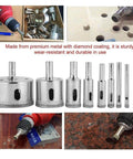 Collage of 10-piece metal hole saw set (3-50mm) with diamond coating for tile/ceramic; front/side/close-up views.