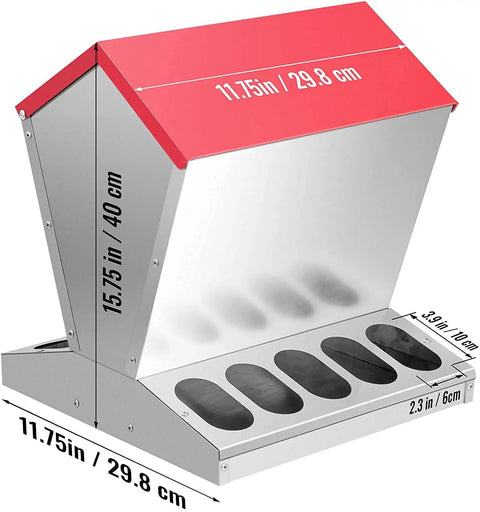 Heavy Duty Galvanized Chicken Feeder Rat Proof Poultry Food Dispenser With Secure Lid, showing dimensions of the coop feeder.