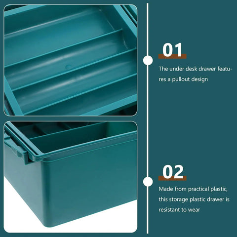 Under Desk Storage Tray With Three Tier Drawers, Plastic Desktop Organizer close-up showing green pullout design and material
