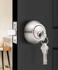 Keyed Alike Single Cylinder Deadbolt Set Brushed Nickel Two Pack With Three Keys Each Anti Theft Interior And Exterior Door Hardware shown installed on door
