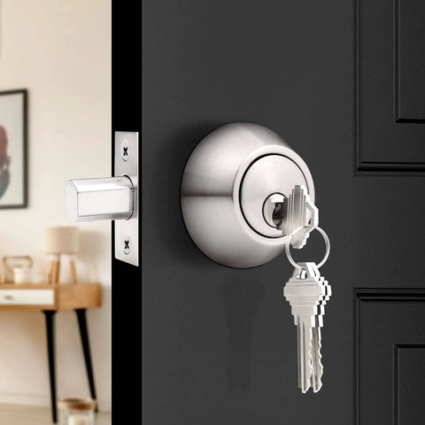 Keyed Alike Single Cylinder Deadbolt Set Brushed Nickel Two Pack With Three Keys Each Anti Theft Interior And Exterior Door Hardware shown installed on door