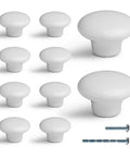Ten Piece White Round Ceramic Drawer Knobs And Cabinet Pulls For A Quick Furniture Glow Up Featuring A Legit Glossy Grip And Super Chill Vibe To Make Your Cupboards Look Snazzy And Fresh. Set includes various sizes.
