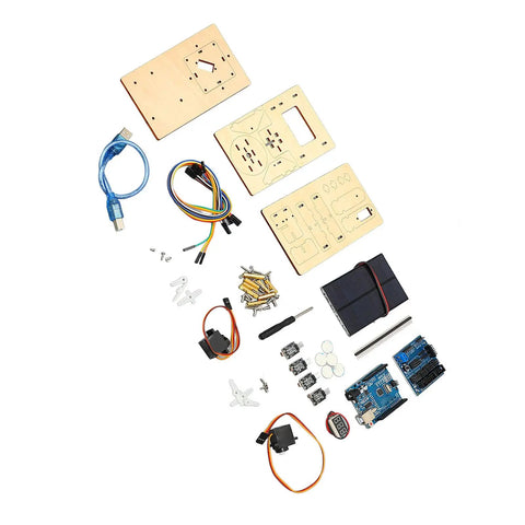 Solar Powered STEM Learning Kit For Kids DIY Wooden Smart Tracker Project For Hands On Programming IDE Compatible Classroom And Home Learning Beginner Friendly, wooden parts and electronics components laid out