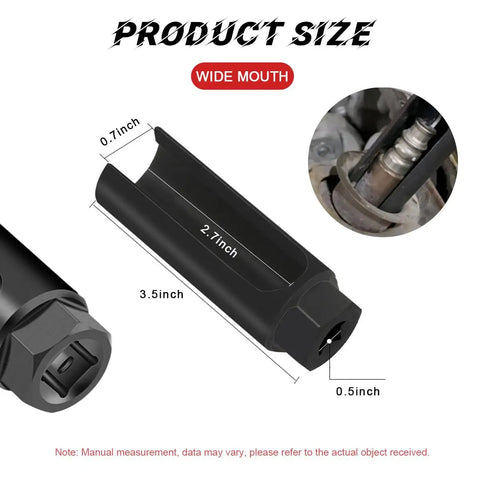 Pro Grade Oxygen Sensor Socket With Side Wire Cutout, One Half Inch Drive By Seven Eighths Inch, Six Point O2 Sensor Socket For All Vehicles, Offset Design For Easy Removal And Installation, 18mm Compatible Car Tool showing dimensions and wire cutout