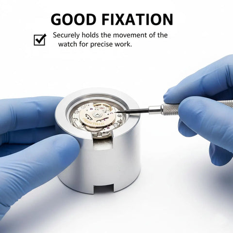 Stainless Steel Watch Movement Holder Tool for 2824 2892 2813 8200 Movements in use with gloved hands and tool