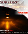 Close-up of an illuminated amber LED light with amber lens, showing bright light output in dark setting. Pack Of 20 Three Quarters Inch Amber LED Clearance Bullet Marker Lights For Trailer Truck RV Car Bus Van Side Marker Lights 12V DC 60 Lumens Black Wire Positive White Wire Negative Mountable.