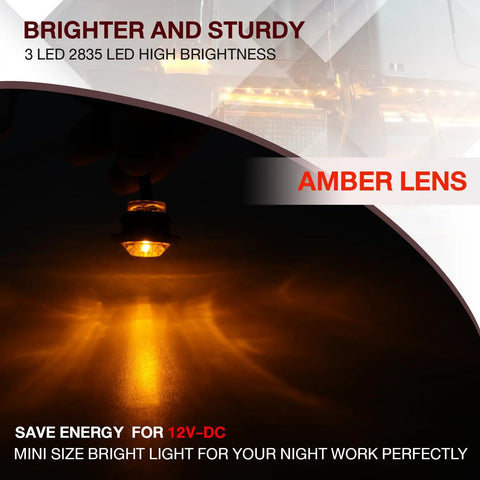 Close-up of an illuminated amber LED light with amber lens, showing bright light output in dark setting. Pack Of 20 Three Quarters Inch Amber LED Clearance Bullet Marker Lights For Trailer Truck RV Car Bus Van Side Marker Lights 12V DC 60 Lumens Black Wire Positive White Wire Negative Mountable.