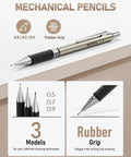 Pro Grade Art Mechanical Pencil Set For Artists With 6 Drafting Pencils And 3 Lead Holders, featuring rubber grip and 0.5/0.7/0.9 mm sizes.