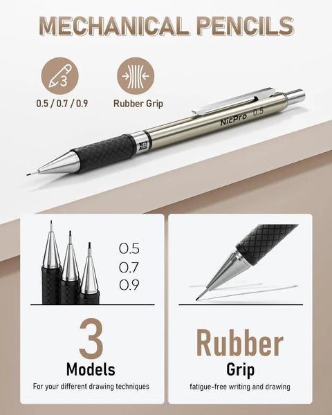 Pro Grade Art Mechanical Pencil Set For Artists With 6 Drafting Pencils And 3 Lead Holders, featuring rubber grip and 0.5/0.7/0.9 mm sizes.