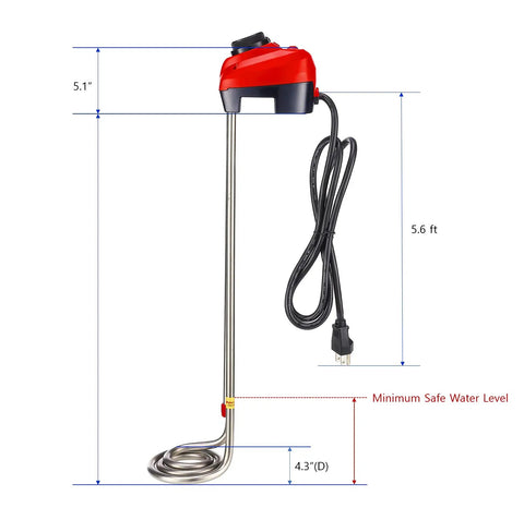 1300W Immersion Bucket Heater With Adjustable Thermostat And Auto Shutoff For Overheat Protection, side view