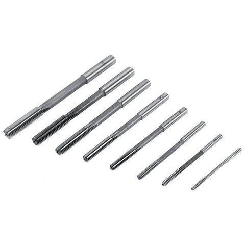 8-piece HSS chucking reamer set with straight shanks, 3–10 mm diameters for drilling and milling machines