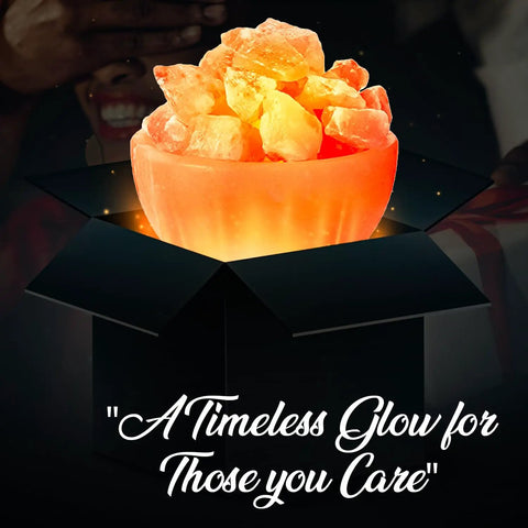 Natural Salt Lamp With Massage Bowl Design, Crystal Salt Chunks, Dimmer Cord, Classic Wood Base, displayed in gift box