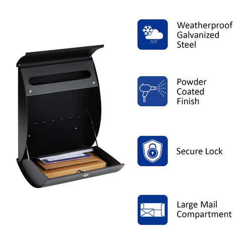 Locking Wall Mount Mailbox For Home, Large 18x13x5, Weatherproof Steel, Secure Lock, Rustproof Letter Box, Modern Black Finish, Rockin Mail Space For Envelopes, Legal Docs, And Small Parcels, Easy Mount