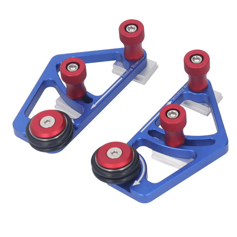 High Grade Woodworking Bearing Roller Feeder Pair Aluminum Alloy Table Saw Feeding Guide with red knobs and blue base.