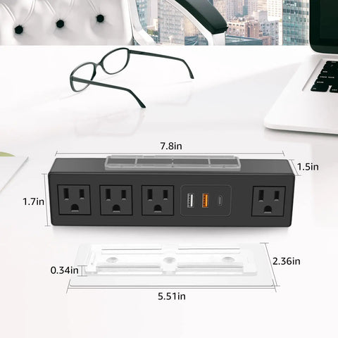 Under Desk Power Strip With 3M Adhesive Mount, 4 Outlets And 1200J Surge Protector, visible measurements and ports on desk