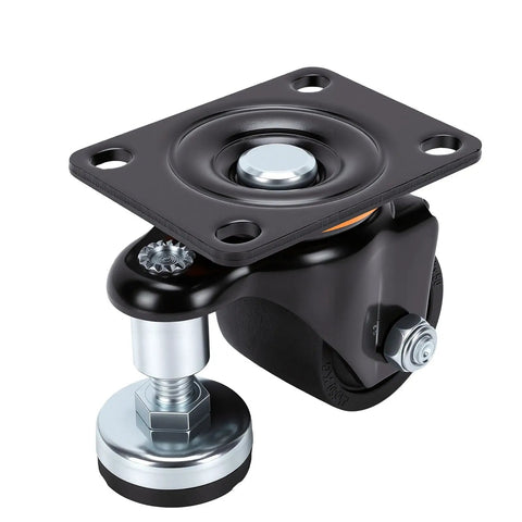 Heavy Duty Leveling Casters With 2.5 Inch Wheels, durable black plate mount roller with swivel mechanism for easy movement.
