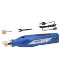 No-Fuss Rechargeable Pet Claw Grinder For Dogs And Cats Quiet Lightweight Rotary Nail Trimmer showing blue unit with USB cord and accessories