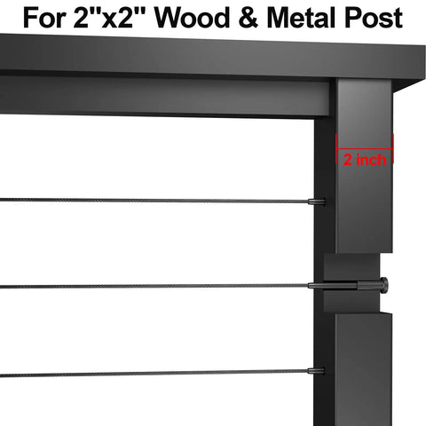 50 Pack One Eighth Inch Black Stainless Steel Invisible Receiver And Swage Stud End For Cable Railing On Deck And Stair With Threaded End Fitting In Line System For Minimal Visual Impact And Exterior Posts in use on 2x2 post.