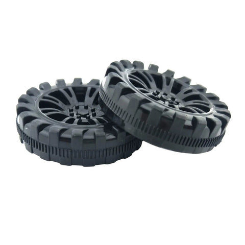 Close-up of black wheels from DIY RC Toy Wheel And Shaft Kit With 100 Black Plastic Wheels And 50 2Mm X 100Mm STEM Shafts For Cars Boats