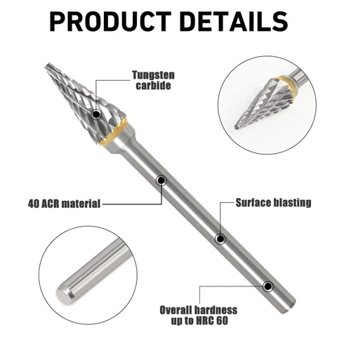 Detailed view of Carbide Burrs Set With One Eighth Inch Shank Twenty Pieces Double Cut Rotary Bits showing tungsten carbide specifications.