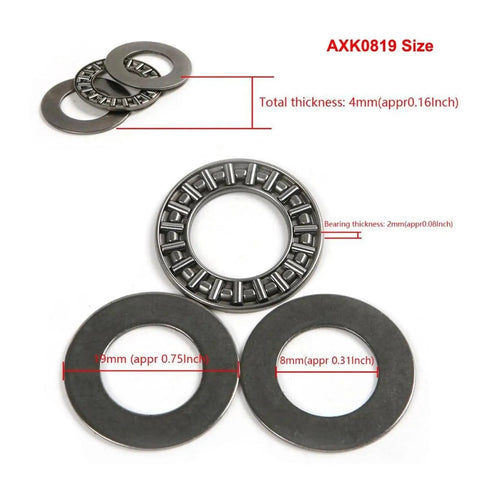 Axial Needle Roller Thrust Bearing In Steel With Two Washers ID 8, 10, 15, 17 mm, shown with size dimensions in image