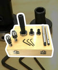 Rock Solid 8-Piece MT2 Morse Taper Lathe Tailstock Tap And Die Holder Kit With Professional Threading Set, Chuck Holders, Knurled Sleeves, Stop Handle And Premium Wooden Box For Serious Machinista Pros. MT2 kit in wooden box with holders and hex keys.