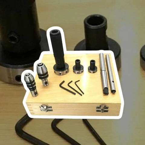 Rock Solid 8-Piece MT2 Morse Taper Lathe Tailstock Tap And Die Holder Kit With Professional Threading Set, Chuck Holders, Knurled Sleeves, Stop Handle And Premium Wooden Box For Serious Machinista Pros. MT2 kit in wooden box with holders and hex keys.