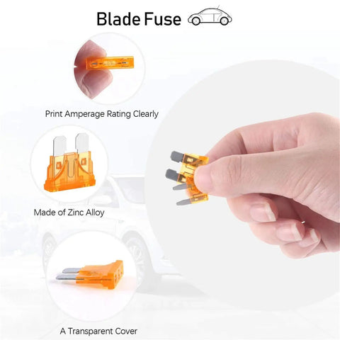 Hand holding orange blade fuses with zinc alloy, labeled amp rating, part of All In One Car Fuses Assortment Kit 250 Piece.