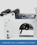 Top Shelf Round Bottle Labeling Machine With Built In Date And Code Printer Semi Automatic Applicator For Jars side view showing stainless steel and aluminum body.