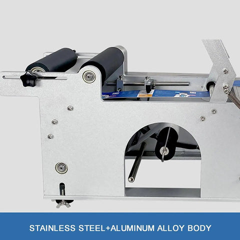 Bulletproof Workhorse Semi Automatic Round Bottle Labeling Machine With Onboard Code Printer And Date Stamper For Clear Wrap Labels, stainless steel aluminum body angle.