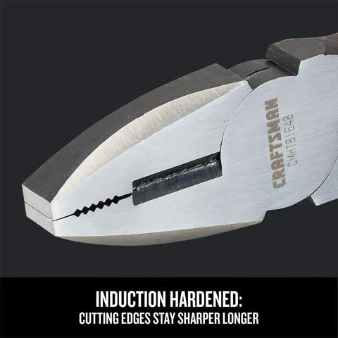 Close-up of 8-Inch Linesman Pliers With Ergonomic Bi-Material Grips showing induction-hardened cutting edges and drop-forged steel.