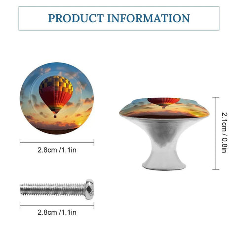 Slick Two Piece Round Cabinet Knobs And Drawer Pulls Featuring Hot Air Balloon Sunset Design With Hella Durable Stainless Steel Build For Kitchen Cabinets And Dressers That Feel Dang Sturdy And Look Sharp, dimensions shown.