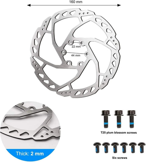 RUJOI MTB hydraulic disc brake rotor, 160 mm diameter, silver with mounting holes; includes T25 screws and six bolts