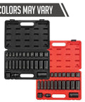 Black and red cases with 25-piece Three Eighth Inch Drive 12 Point SAE Impact Socket Set in CR MO Alloy Steel