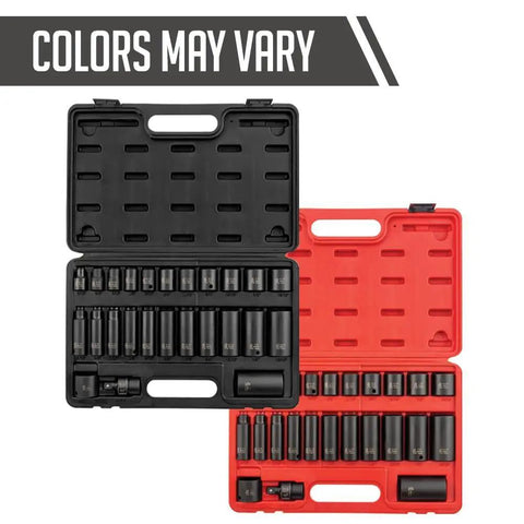 Black and red cases with 25-piece Three Eighth Inch Drive 12 Point SAE Impact Socket Set in CR MO Alloy Steel