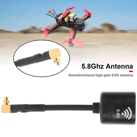 Bangin 5.8Ghz MMCX 2.8dBi RHCP High Gain Antenna for RC Parts and FPV Racing Drones shown with drone and antenna close-up