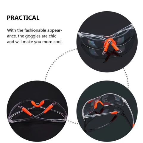 Four Pack Real Deal Fogless Safety Glasses With Thick Padding And Rounded Edges Windproof Splash Goggles Built Tough For Construction Carpentry And Garage Work Heavy Duty Kick Safe Eye Gear That Stays Totally Crystal Clear All Day, featuring clear lenses and orange accents.