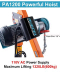 Heavy Duty Folding Hoist Truck For 2200lb Lift 110V Electric Jib Crane With 1320lb Pull Power, Painted Steel Orange, close-up