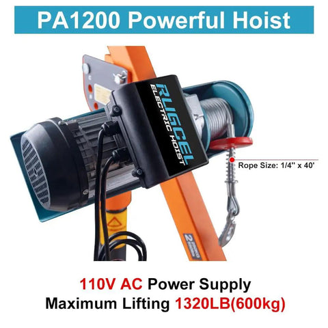 Heavy Duty Folding Hoist Truck For 2200lb Lift 110V Electric Jib Crane With 1320lb Pull Power, Painted Steel Orange, close-up