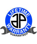 Lifetime warranty guaranteed logo with a blue circle and wrench design