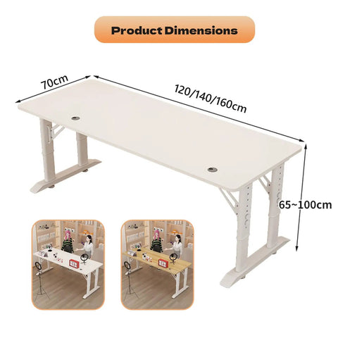 Height adjustable gaming desk dimensions of 120/140/160cm width and 65~100cm height, with ergonomic design for dual monitors.
